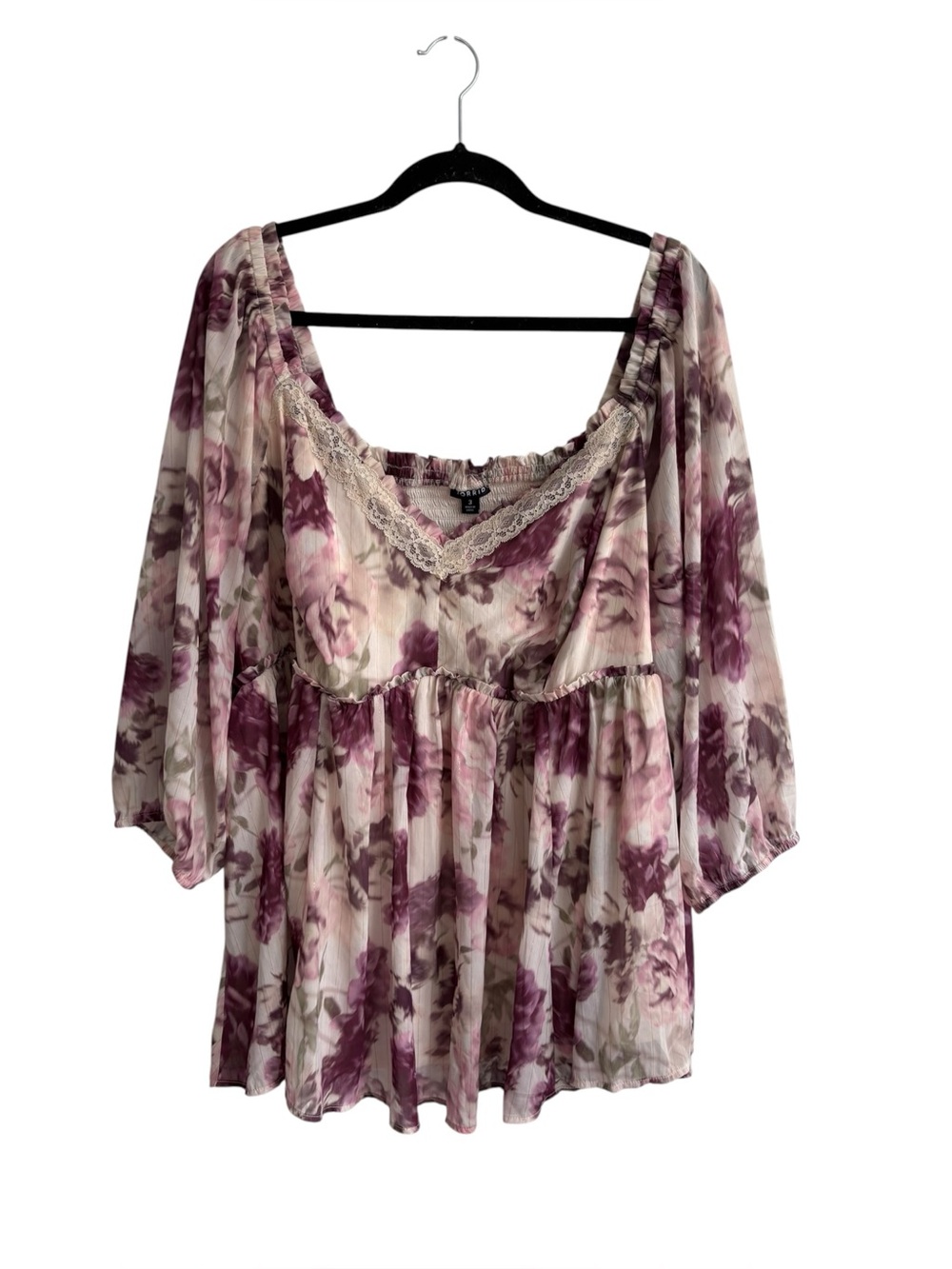 Torrid Floral Babydoll Crinkle Chiffon Blouson Sleeve Lined V-Neck Top Sz 3X